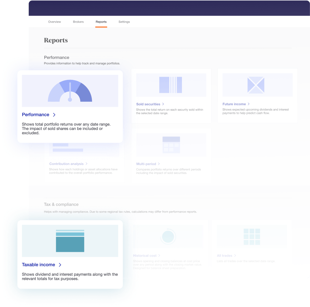 Illustration of Sharesight's performance and tax reports overview page UI.