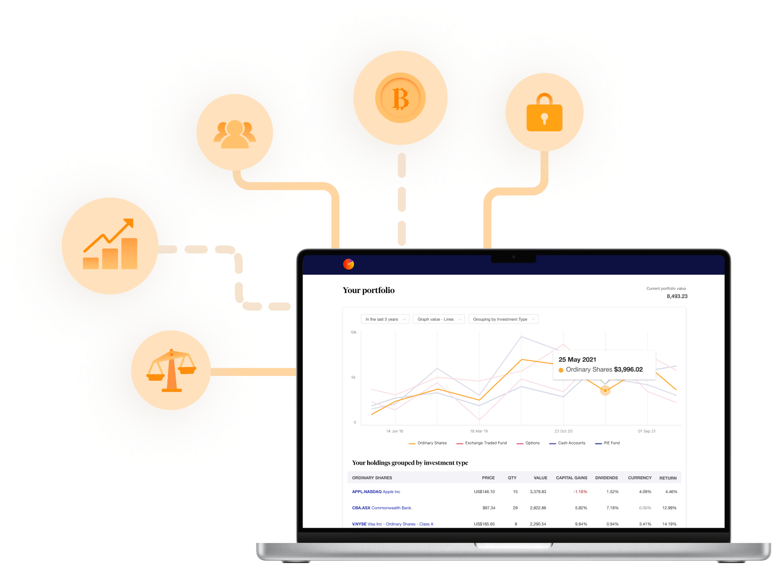 Graphic illustration of Sharesight's overview page UI on a laptop with stock, bitcoin and other graph symbols flowing in to the computer.