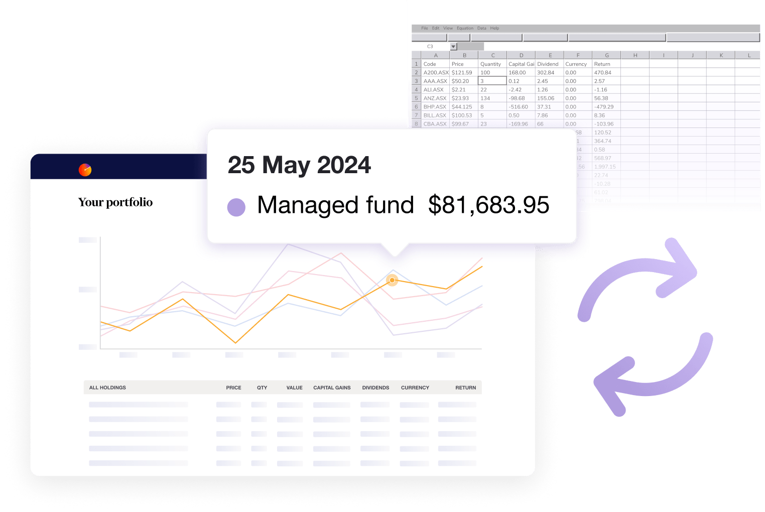 Graphic illustrating swapping out spreadsheet for Sharesight SMSF portfolio tracking software.